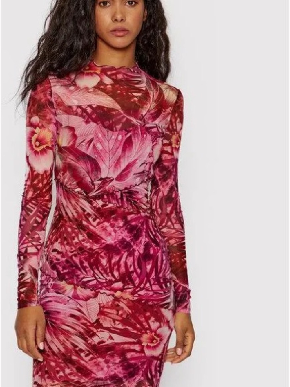 Guess Pink and Red Floral Long Sleeve Mesh Midi Dress